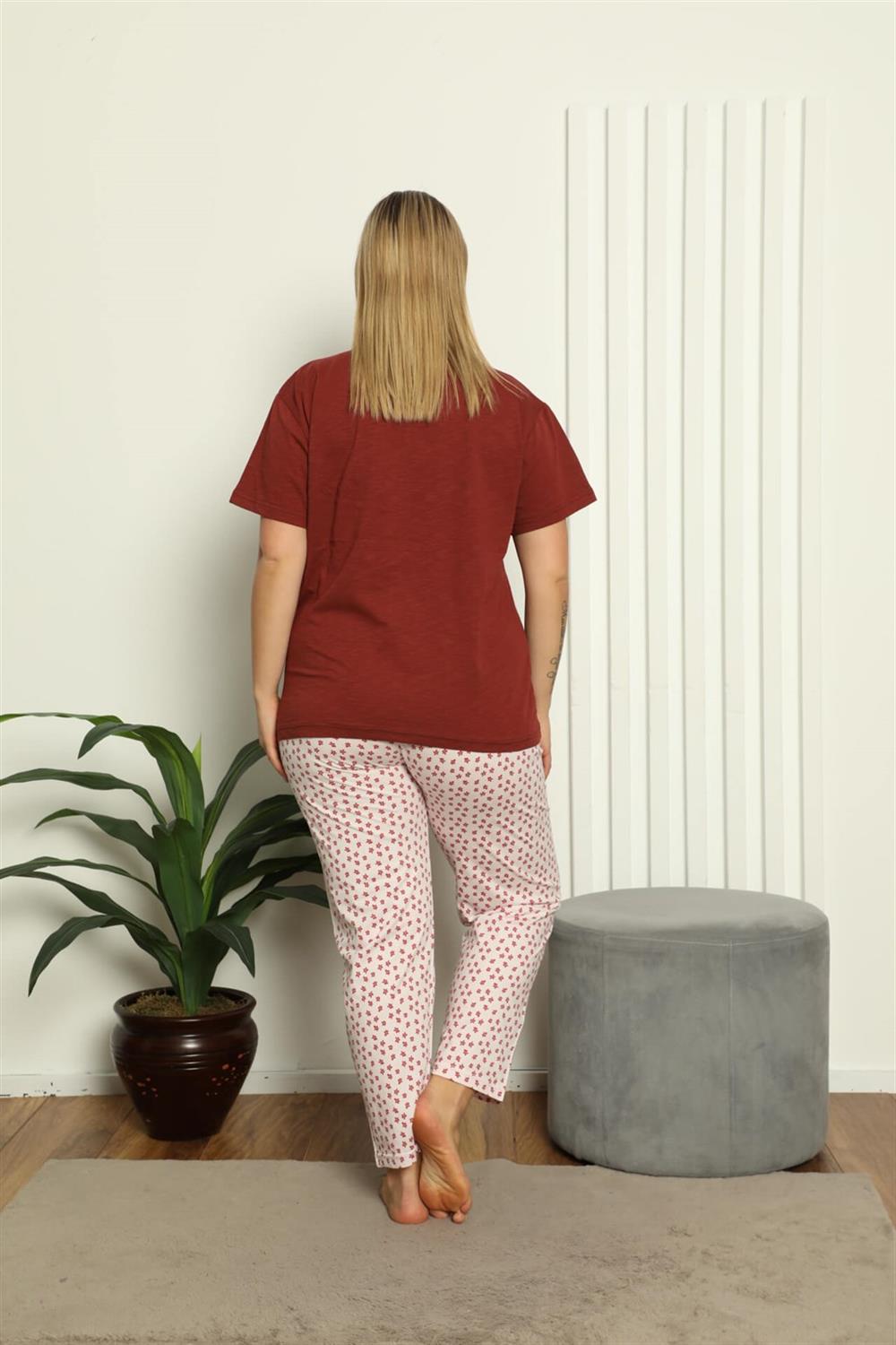 Moda Çizgi Kadın %100 Pamuk Kısa Kol Büyük Beden Pijama Takım 202147