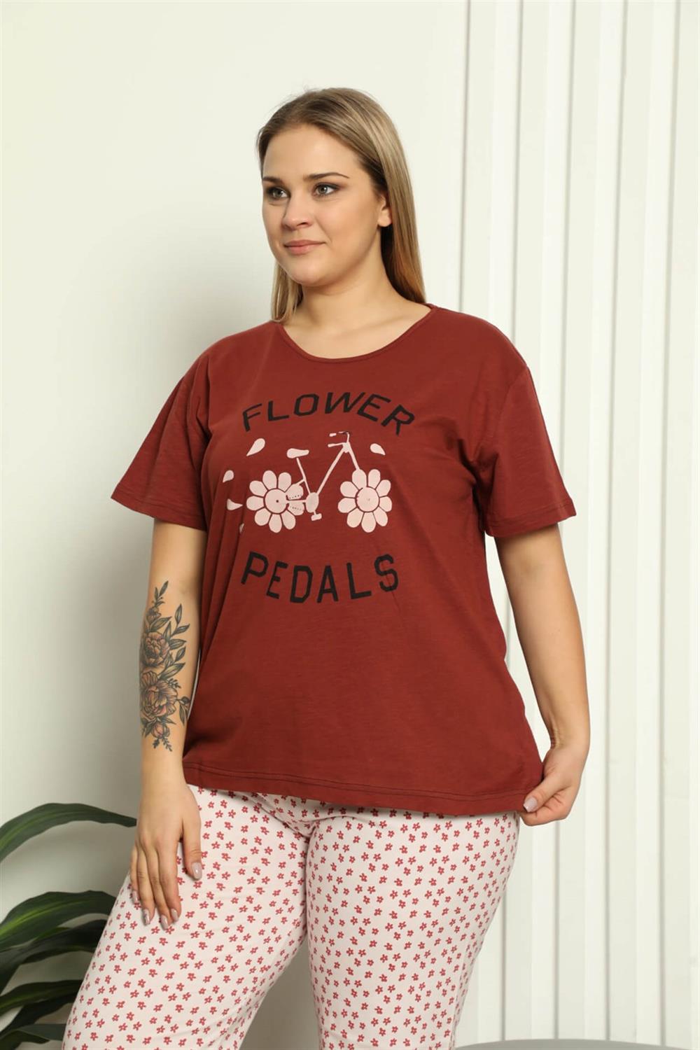 Moda Çizgi Kadın %100 Pamuk Kısa Kol Büyük Beden Pijama Takım 202147