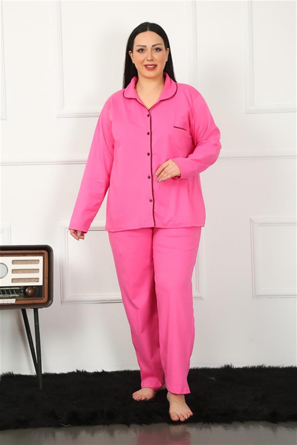 Moda Çizgi Kadın Büyük Beden Önden Düğmeli Fuşya Pijama Takım 202185