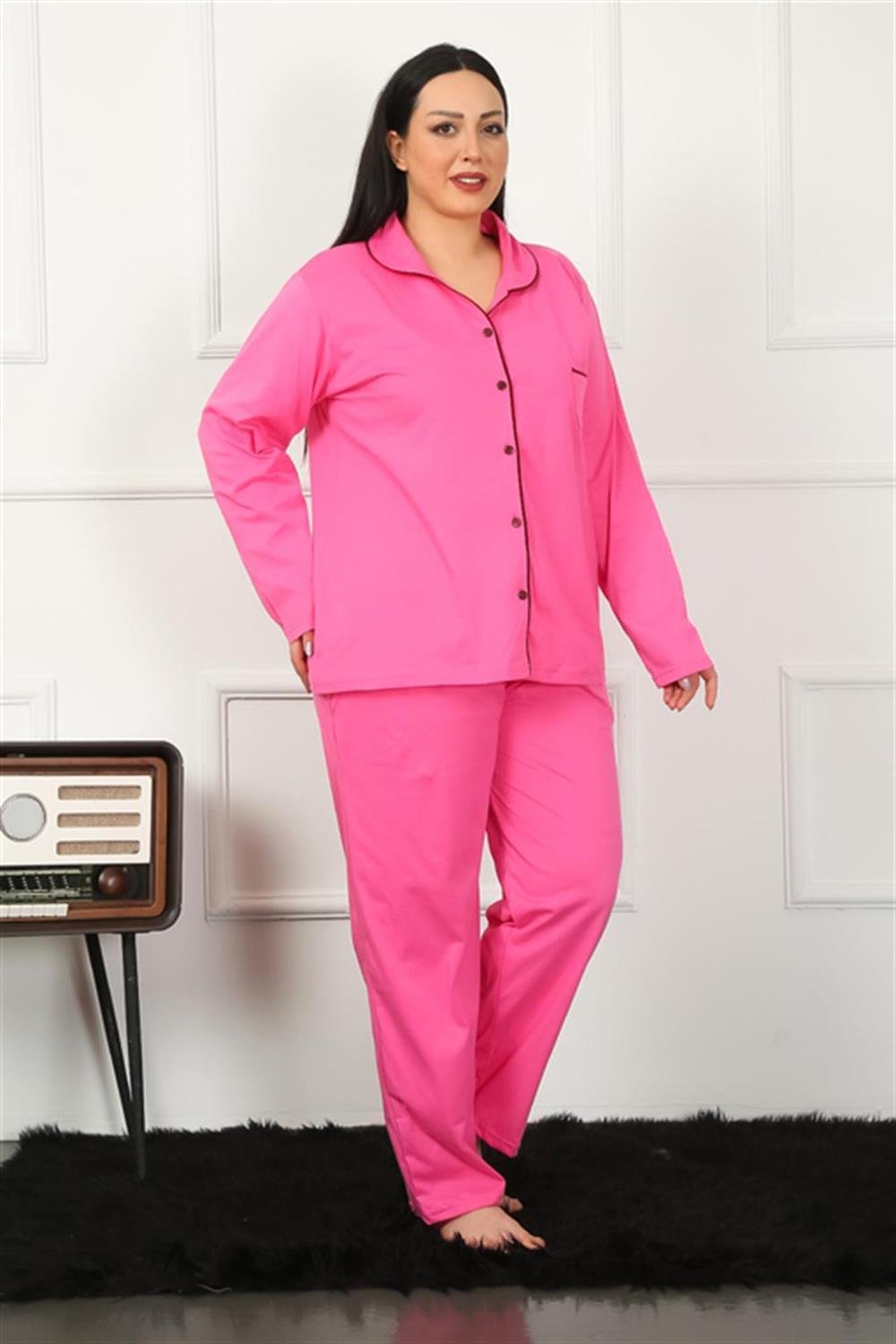 Moda Çizgi Kadın Büyük Beden Önden Düğmeli Fuşya Pijama Takım 202185