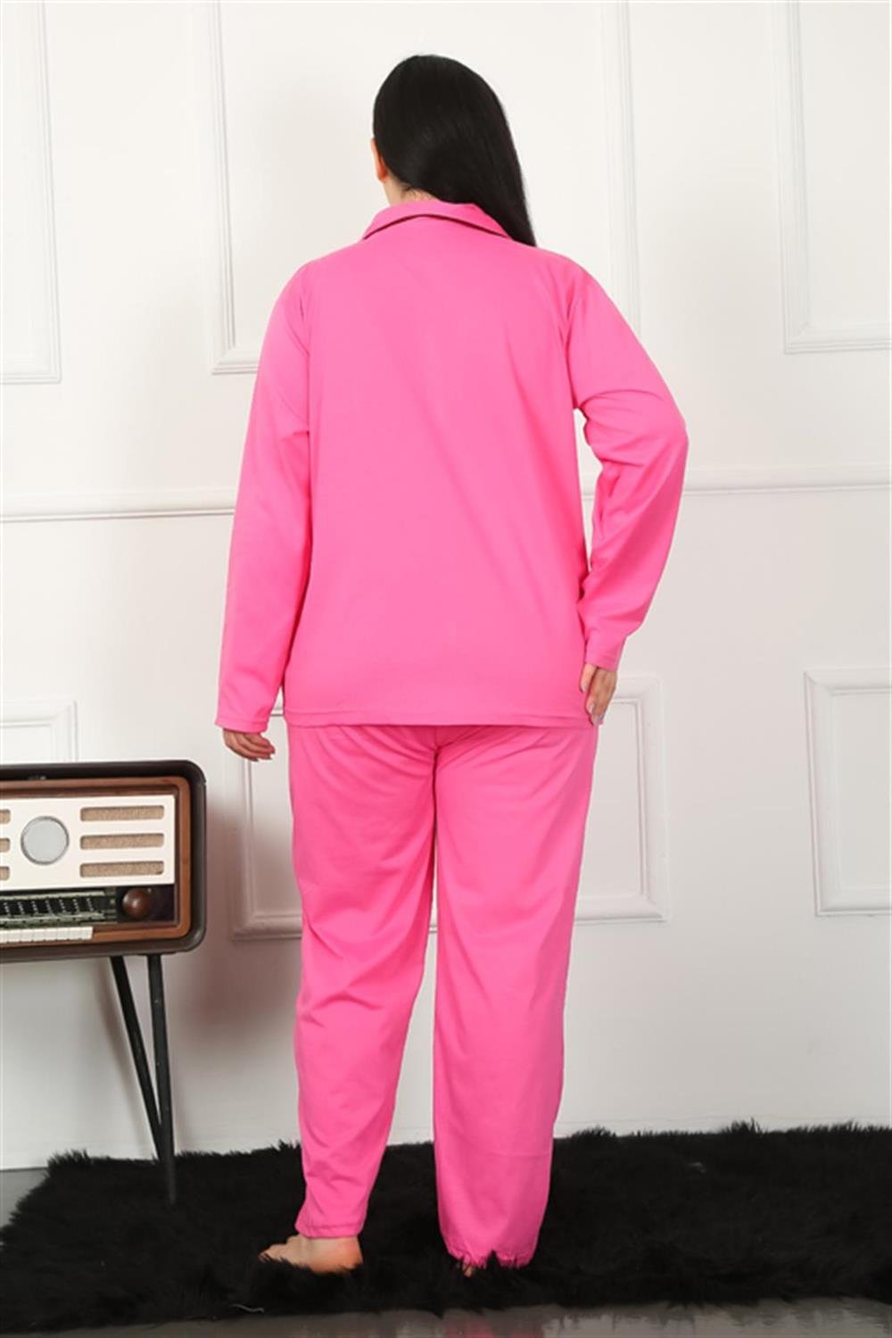 Moda Çizgi Kadın Büyük Beden Önden Düğmeli Fuşya Pijama Takım 202185