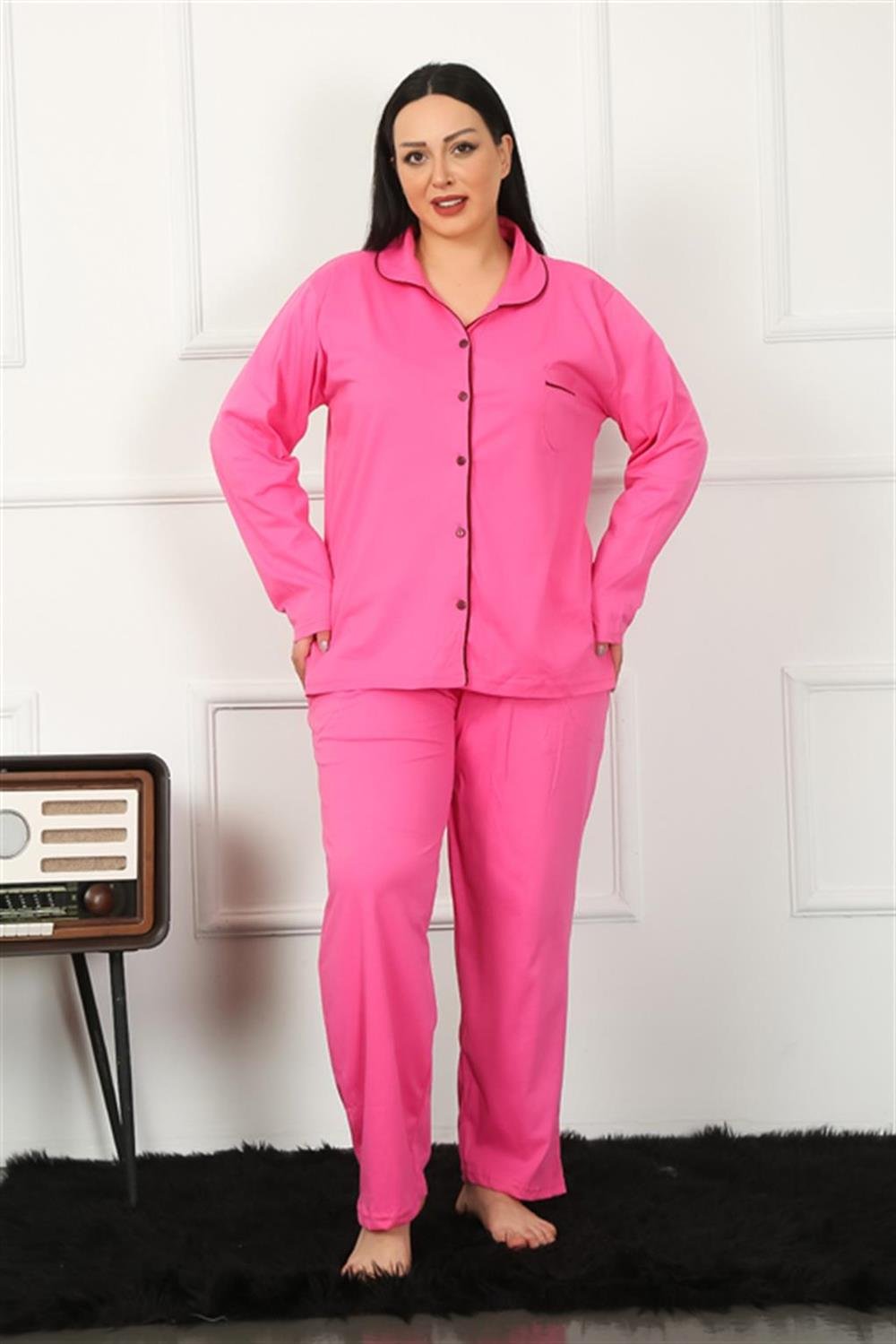 Moda Çizgi Kadın Büyük Beden Önden Düğmeli Fuşya Pijama Takım 202185