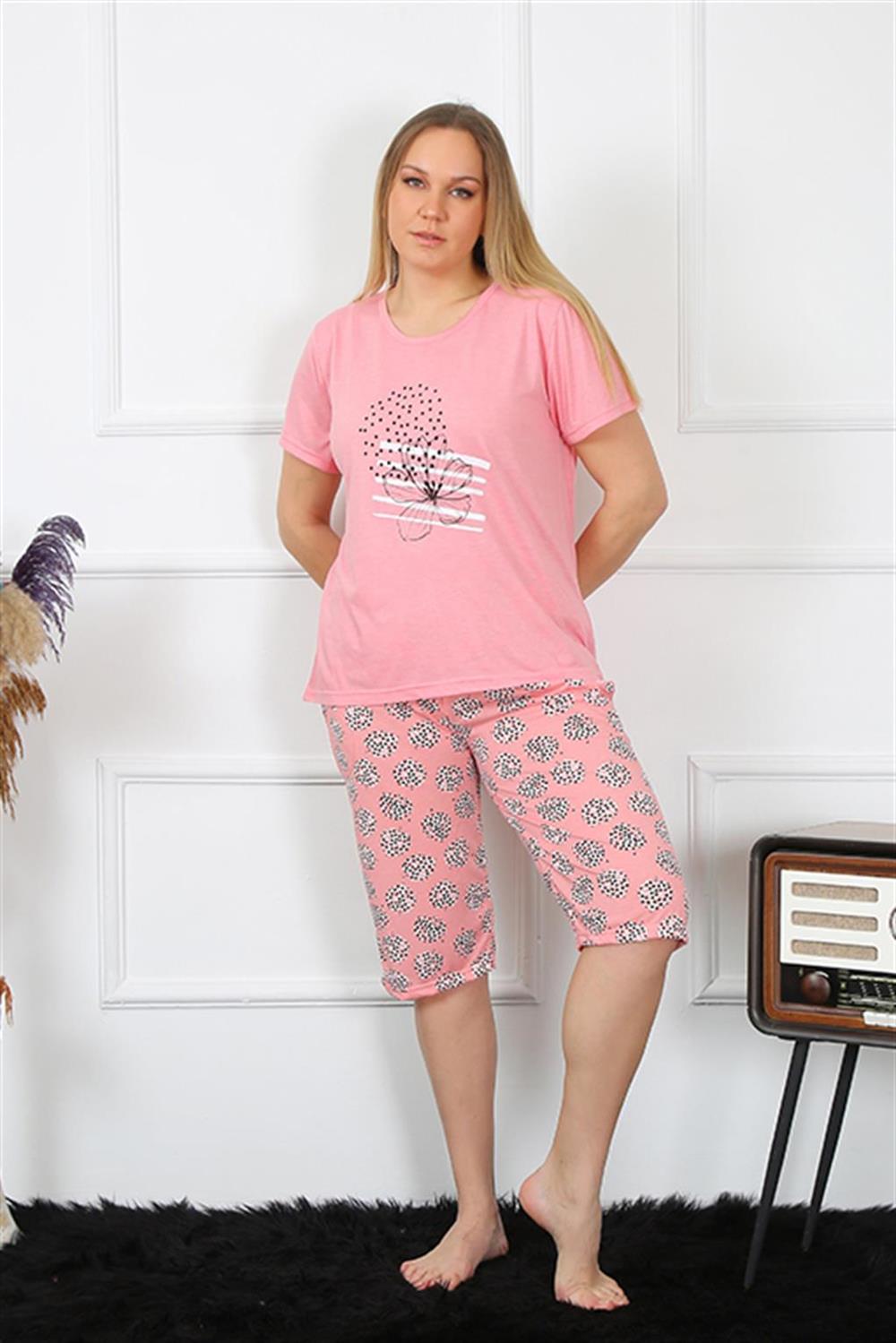 Moda Çizgi Kadın Büyük Beden Viscon Pembe Kapri Pijama Takım 202192