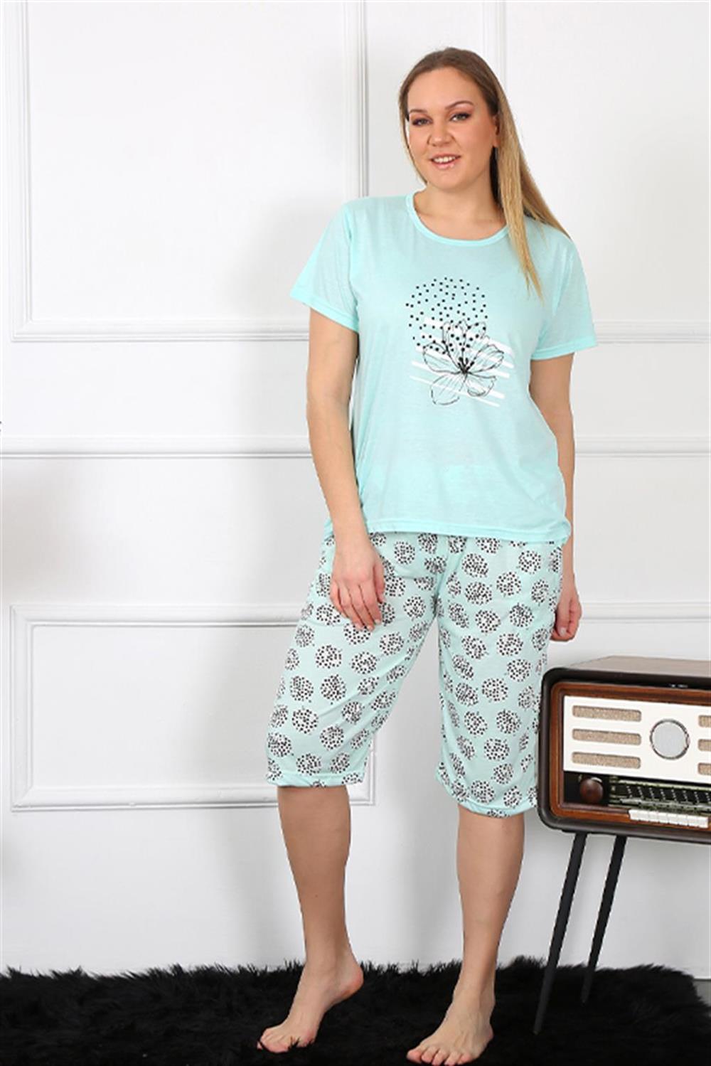 Moda Çizgi Kadın Büyük Beden Viscon Su Yeşili Kapri Pijama Takım 202192