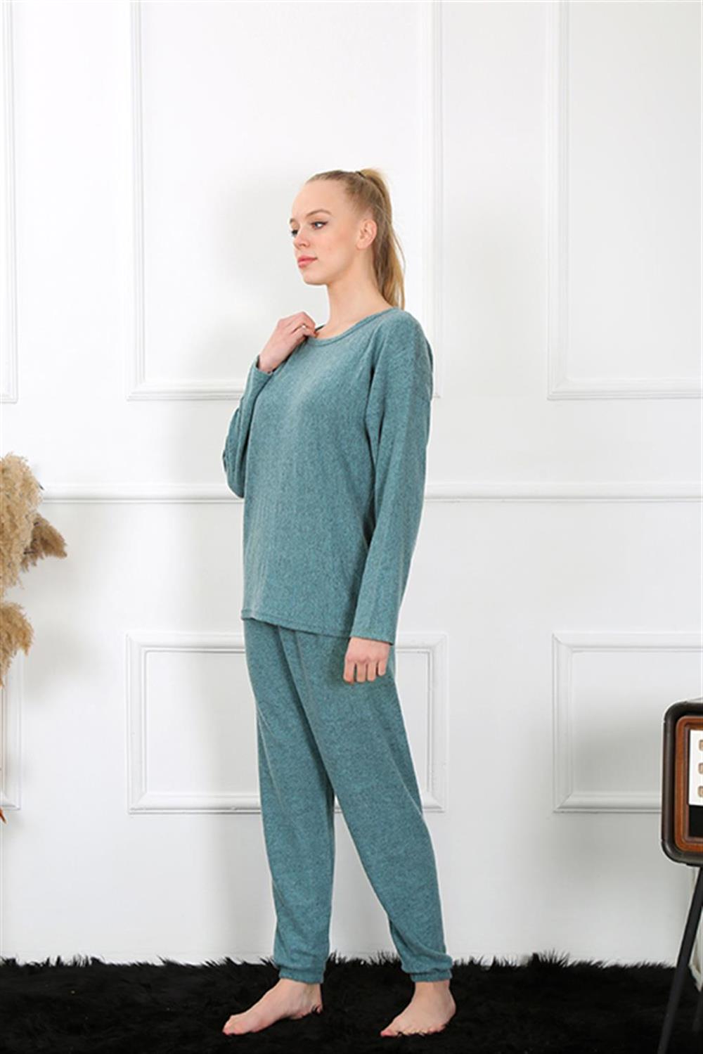 Moda Çizgi Kadın Kalın Uzun Kol Penye İndigo Pijama Takım 4131