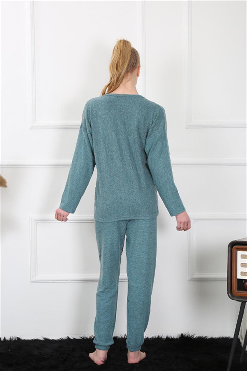 Moda Çizgi Kadın Kalın Uzun Kol Penye İndigo Pijama Takım 4131