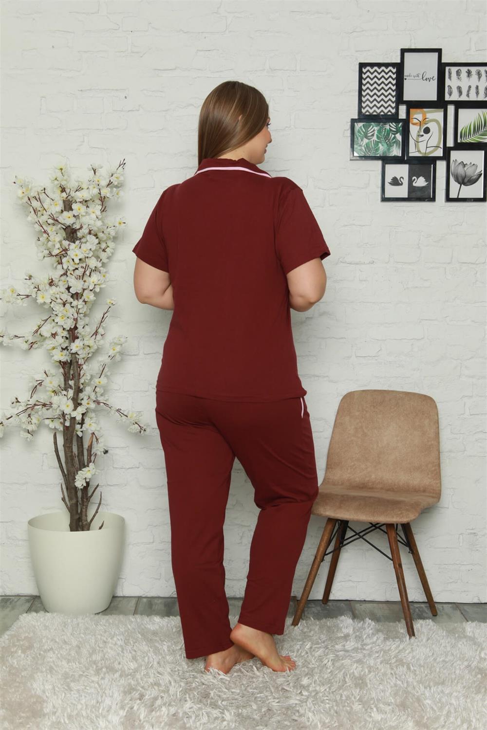 Moda Çizgi Kadın Pamuklu Cepli Kısa Kol Büyük Beden Pijama Takım 202063