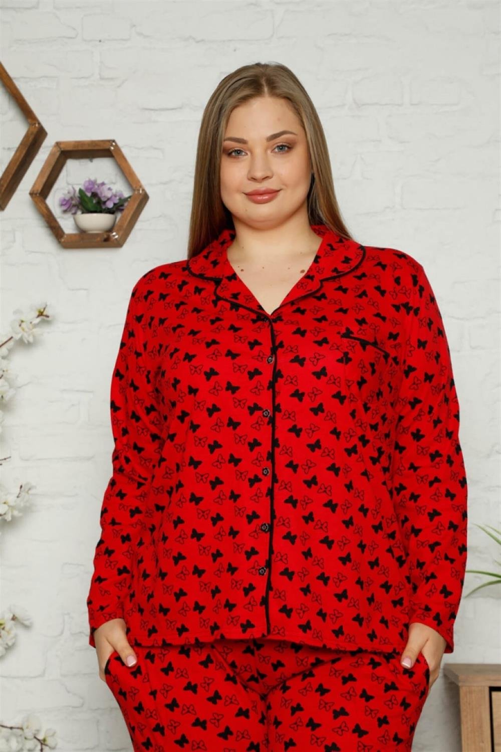 Moda Çizgi Kadın Pamuklu Cepli Uzun Kol Büyük Beden Pijama Takım 202097