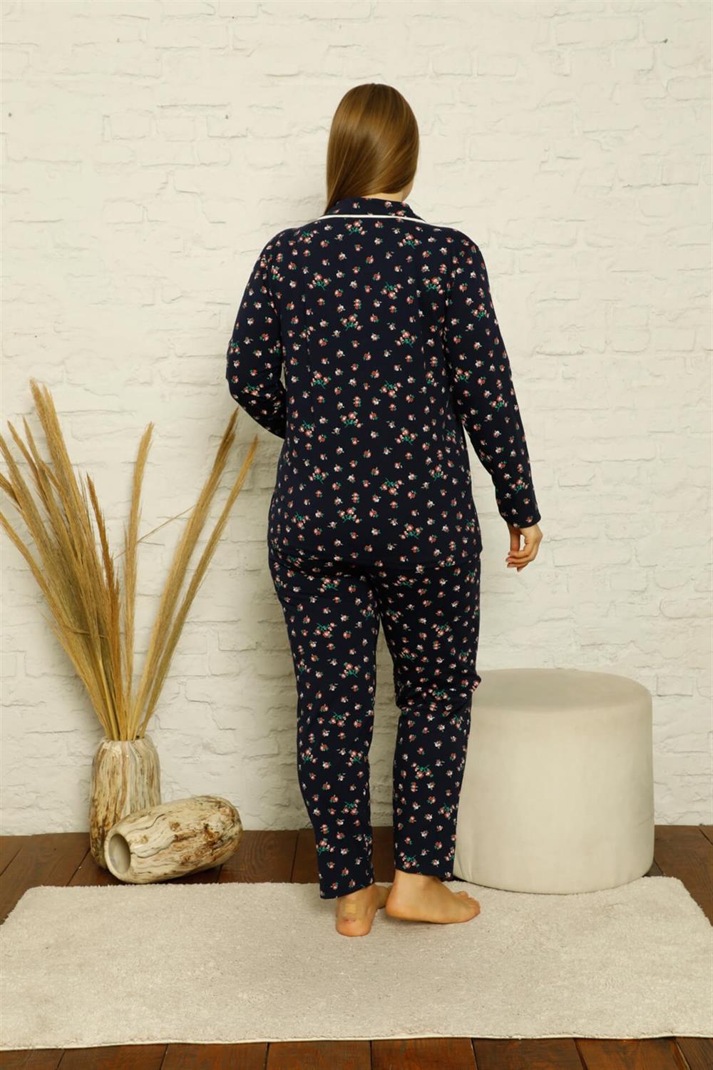 Moda Çizgi Kadın Pamuklu Cepli Uzun Kol Büyük Beden Pijama Takım 202127
