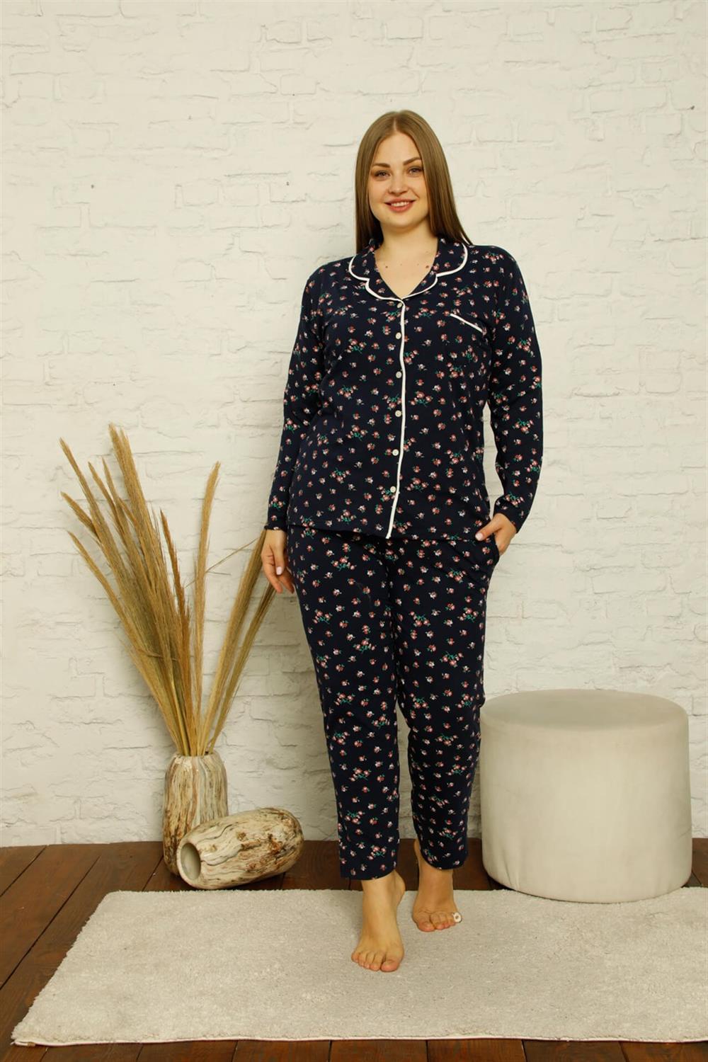 Moda Çizgi Kadın Pamuklu Cepli Uzun Kol Büyük Beden Pijama Takım 202127