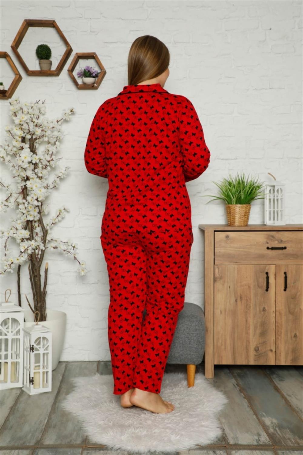 Moda Çizgi Kadın Pamuklu Cepli Uzun Kol Büyük Beden Pijama Takım 202097