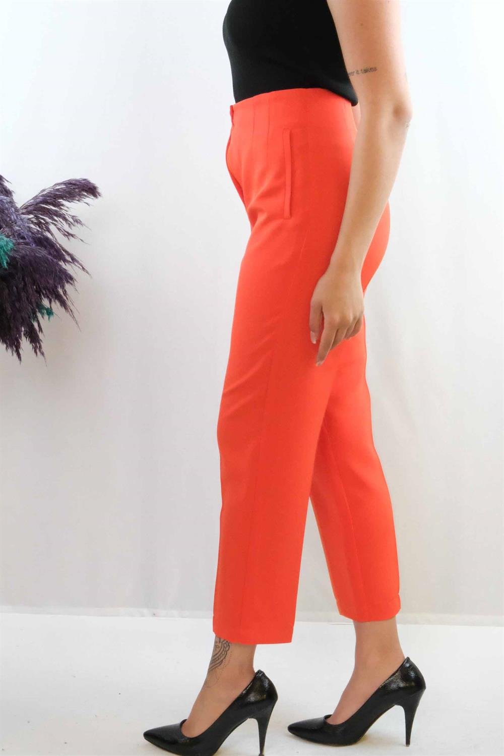 Moda Çizgi Yüksek Bel Pantolon Nar Çiçeği
