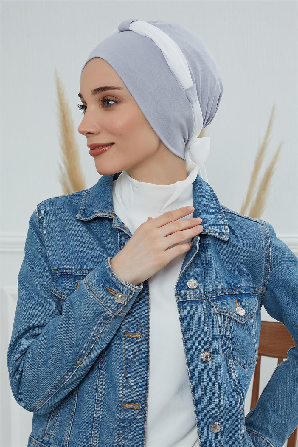 Şifon Kuşaklı Penye Bone,Gri-Krem,B-24