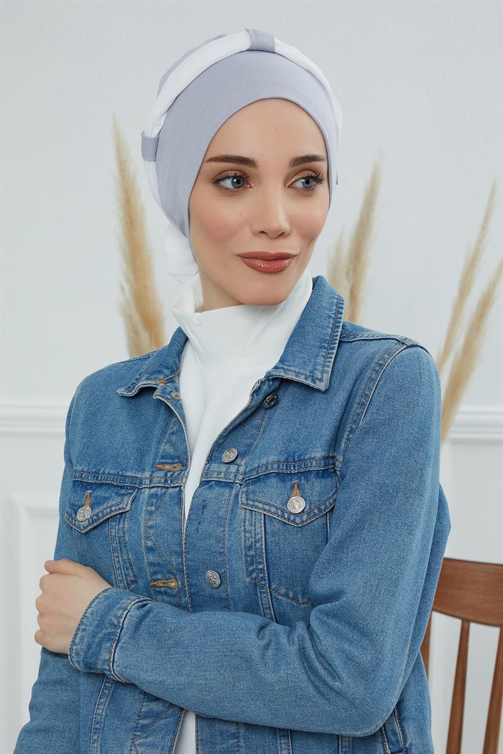Şifon Kuşaklı Penye Bone,Gri-Krem,B-24