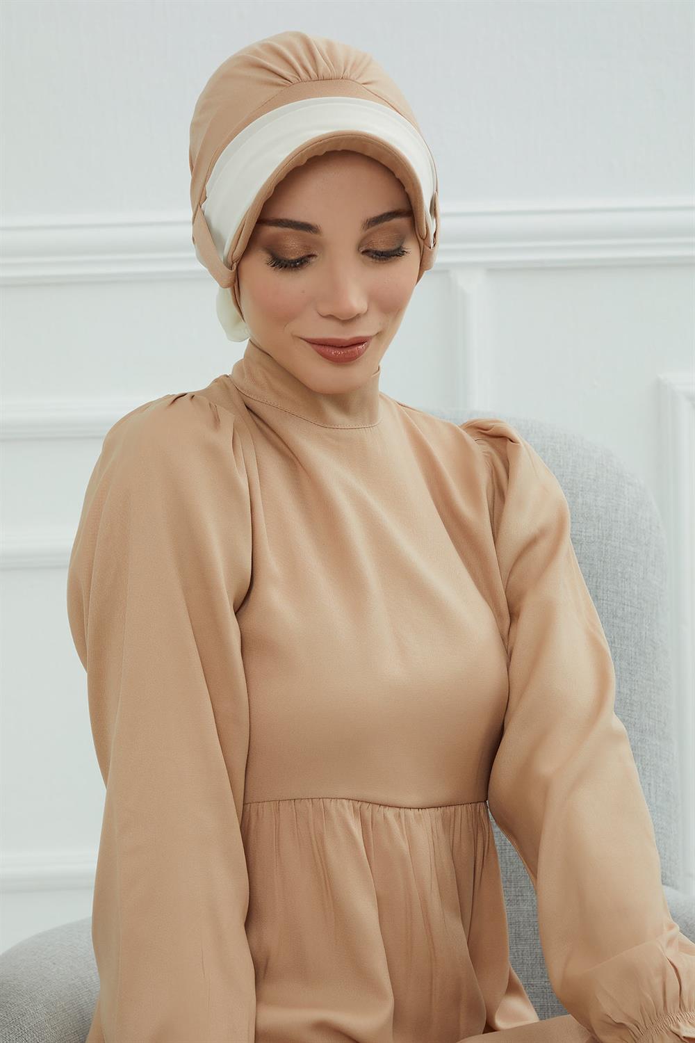 Şifon Kuşaklı Şapka Bone,Sütlü Kahve-Krem,B-38