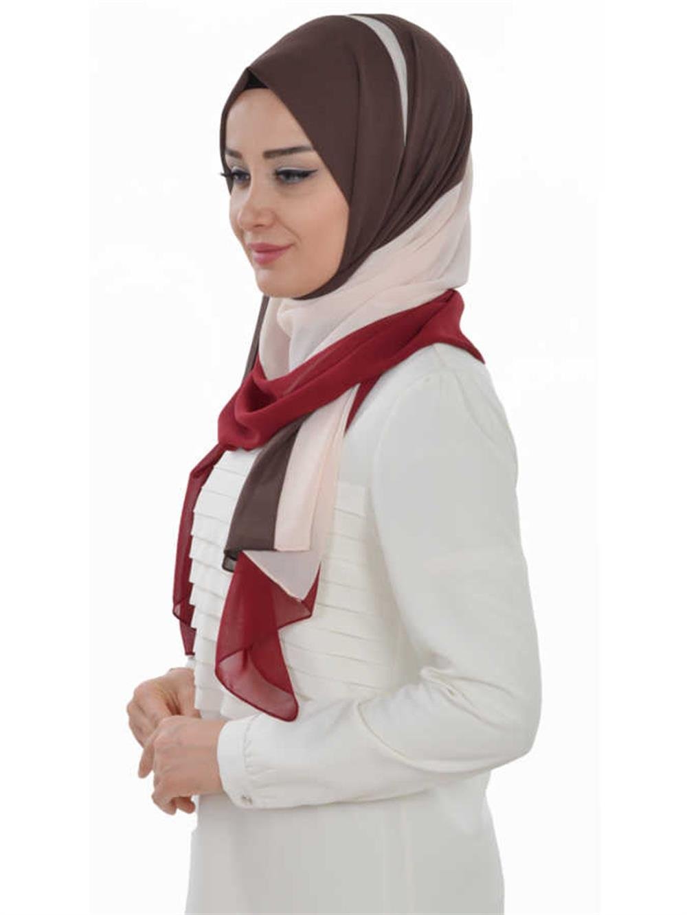 Üç Renkli Dikdörtgen Şifon Şal Bordo