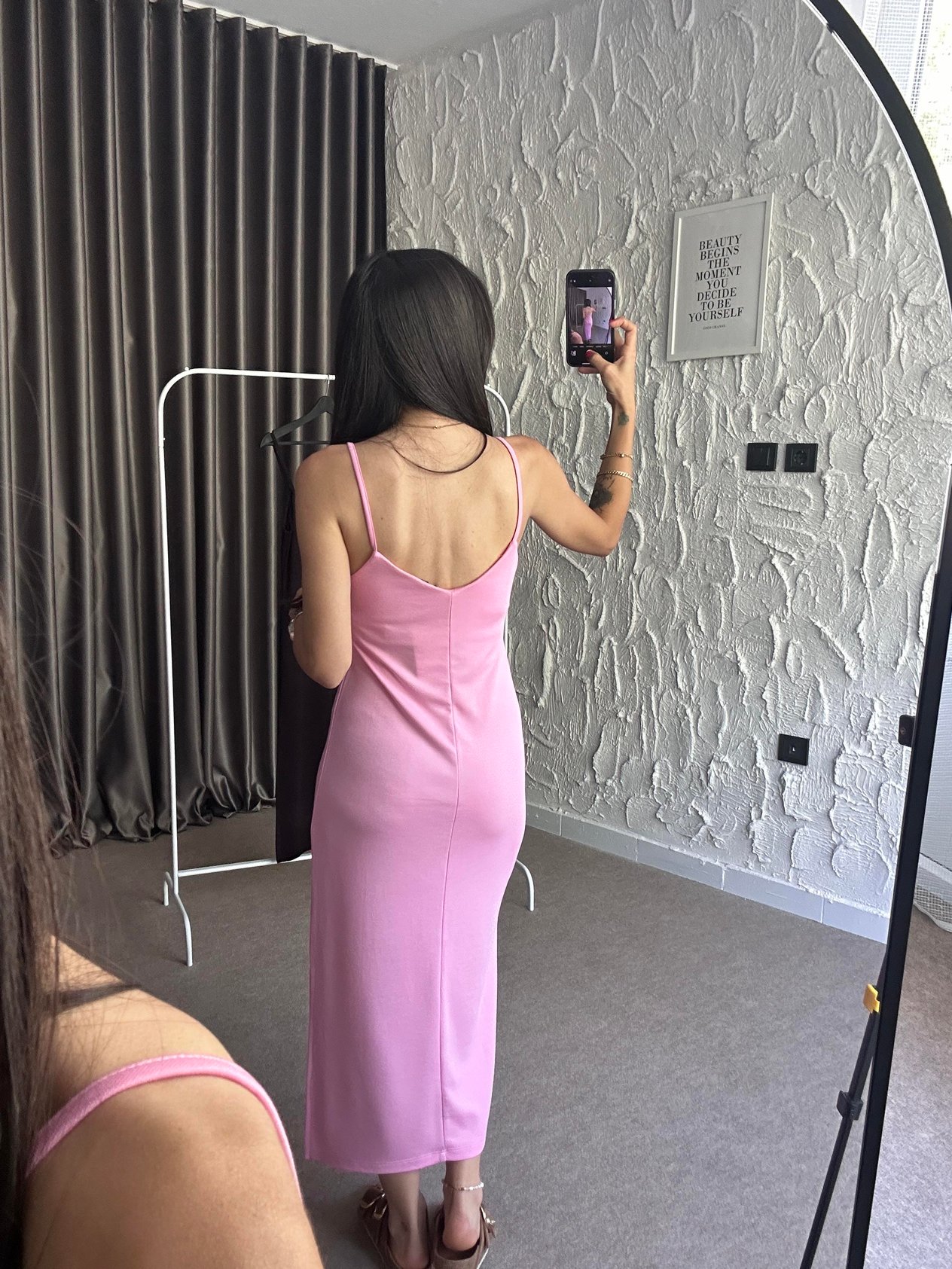 Pembe İp Askılı Midi Elbise
