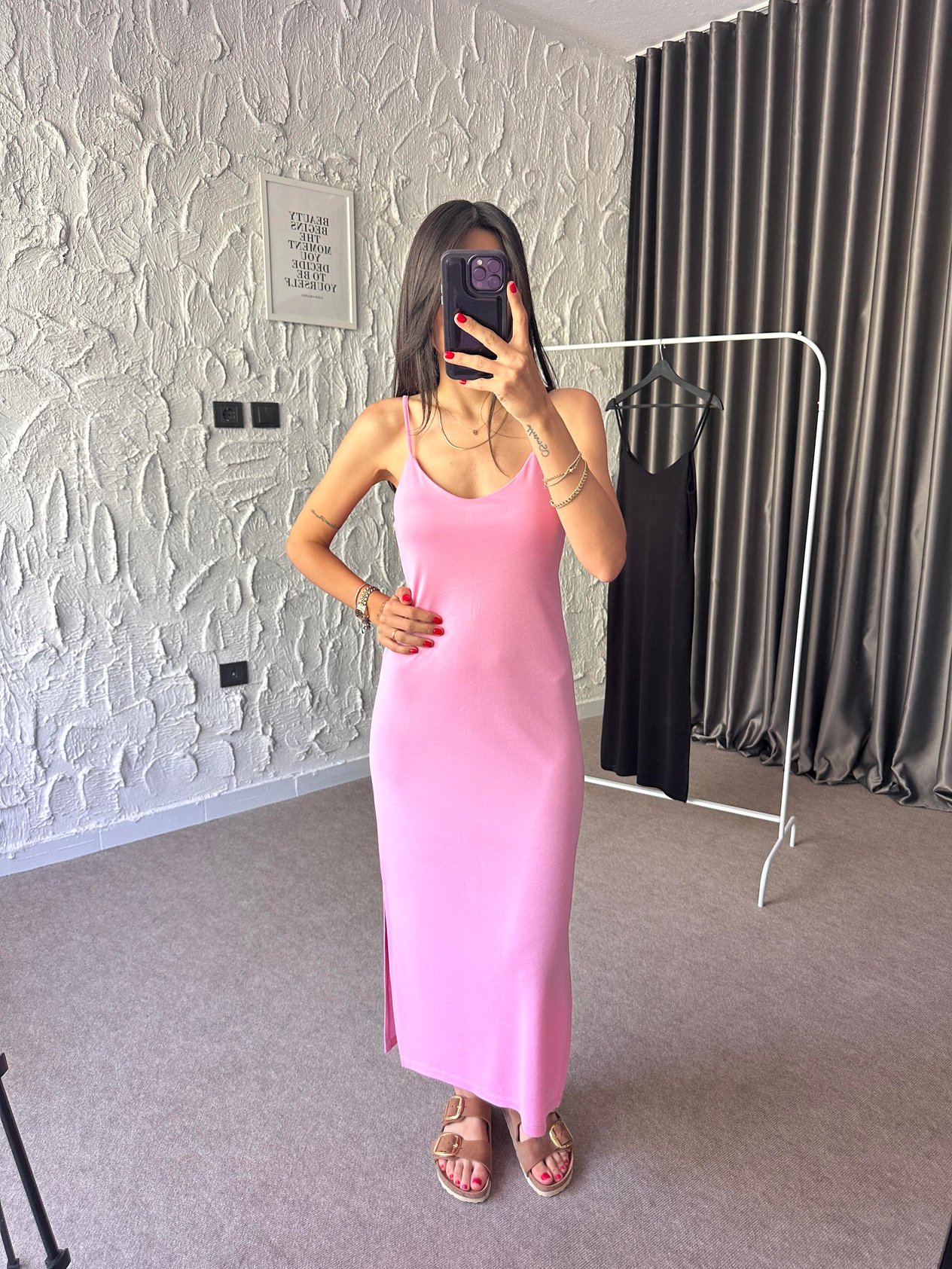 Pembe İp Askılı Midi Elbise