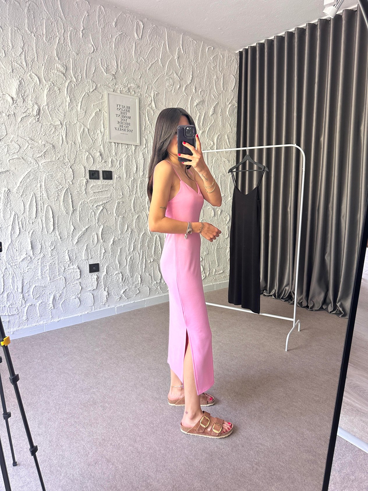 Pembe İp Askılı Midi Elbise