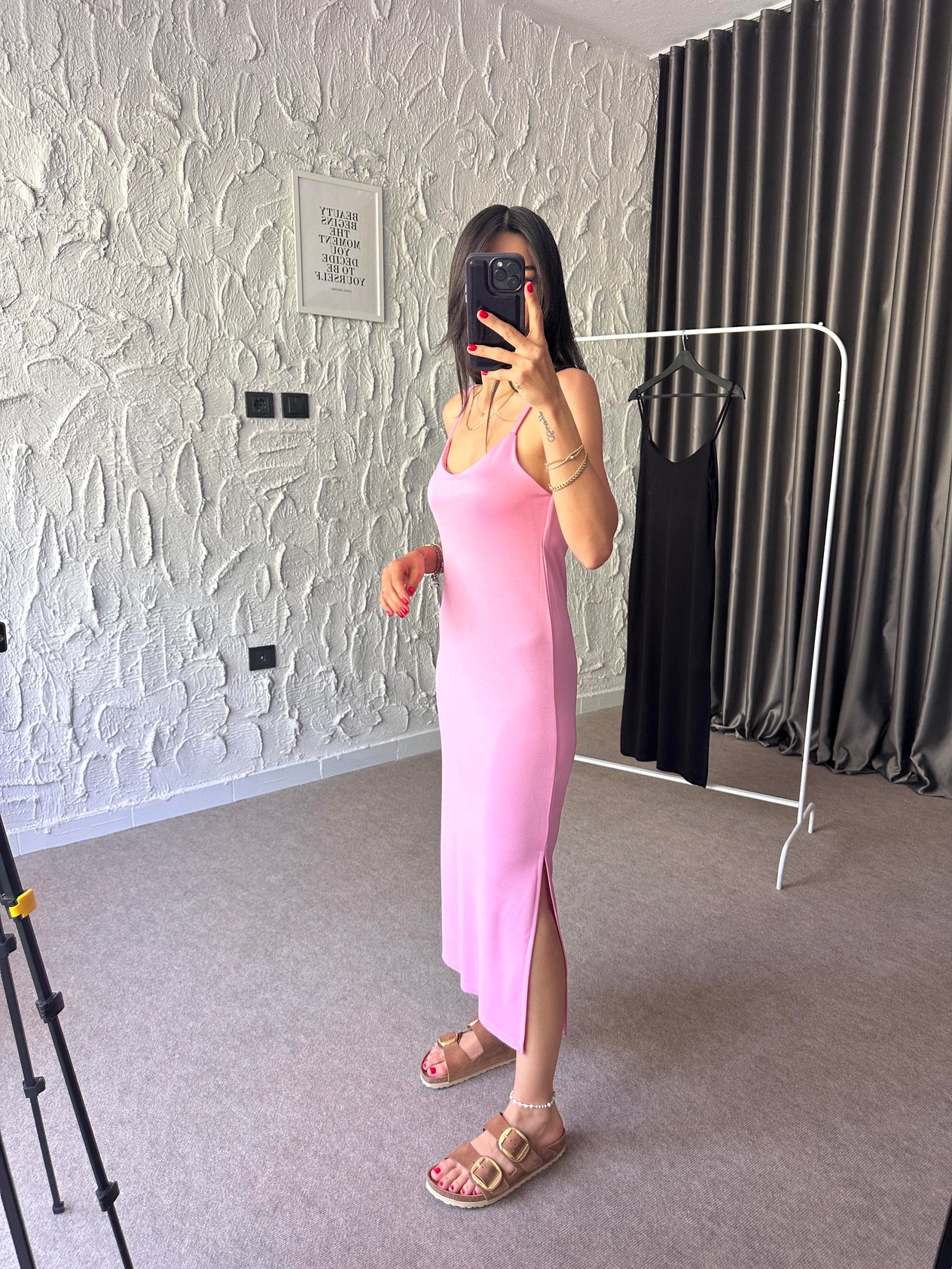 Pembe İp Askılı Midi Elbise