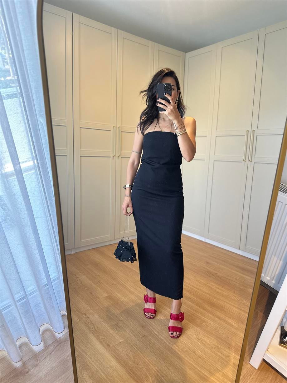 Siyah Straplez Midi Elbise