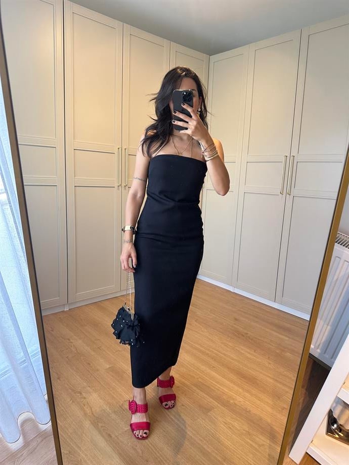 Siyah Straplez Midi Elbise