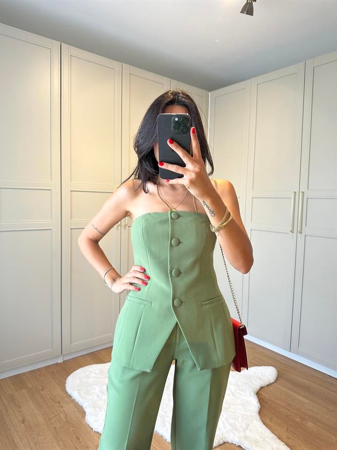 Yeşil Straplez Bluz Pantolon Takım 