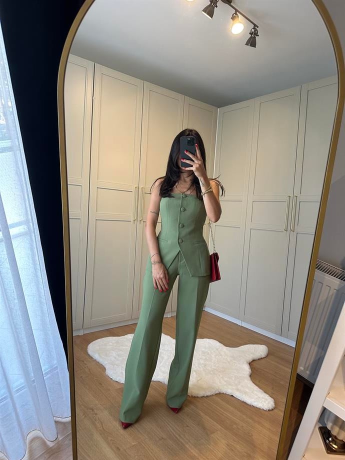 Yeşil Straplez Bluz Pantolon Takım 