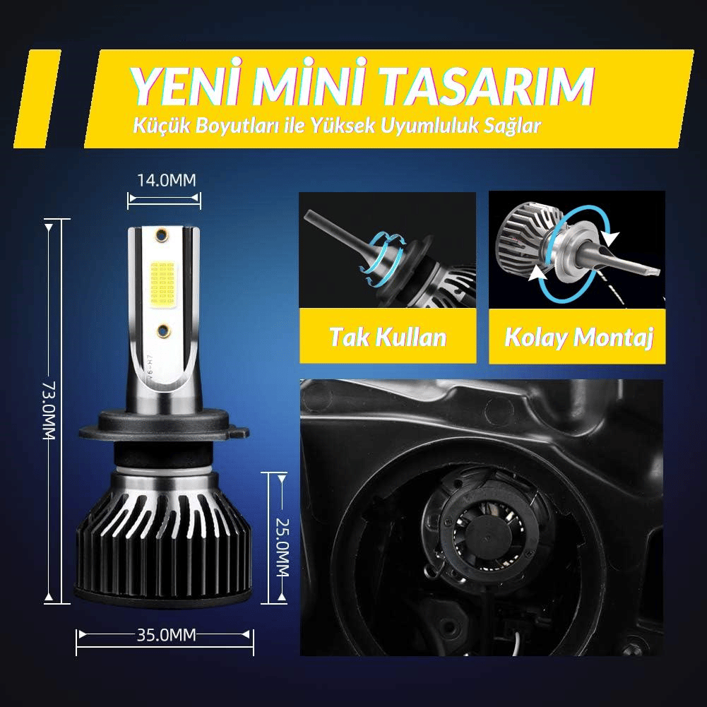 Glanz H27 881 Color Mini Slim Led Xenon Şimşek Etkili 10000LM 6000K Beyaz Far Ampulü