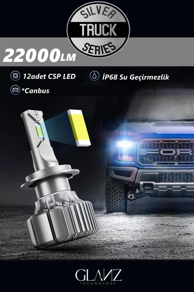 Glanz H7 Silver Series Csp Canbus Led Xenon 22000LM 6000K Beyaz Şimşek Etkili Far Ampulü 12V / 24V
