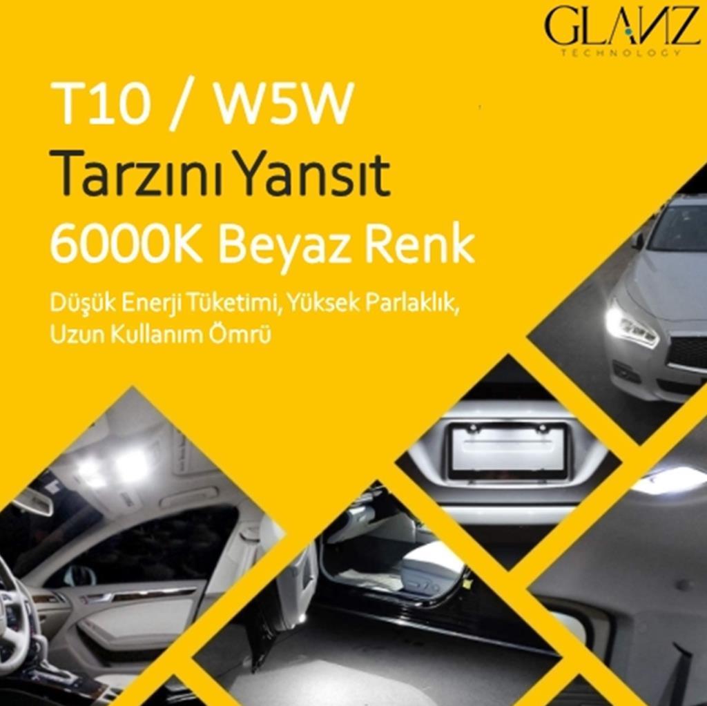 Glanz T10 W5w 6000k Beyaz Dipsiz Park Plaka Ampulü Lamba 6 Adet