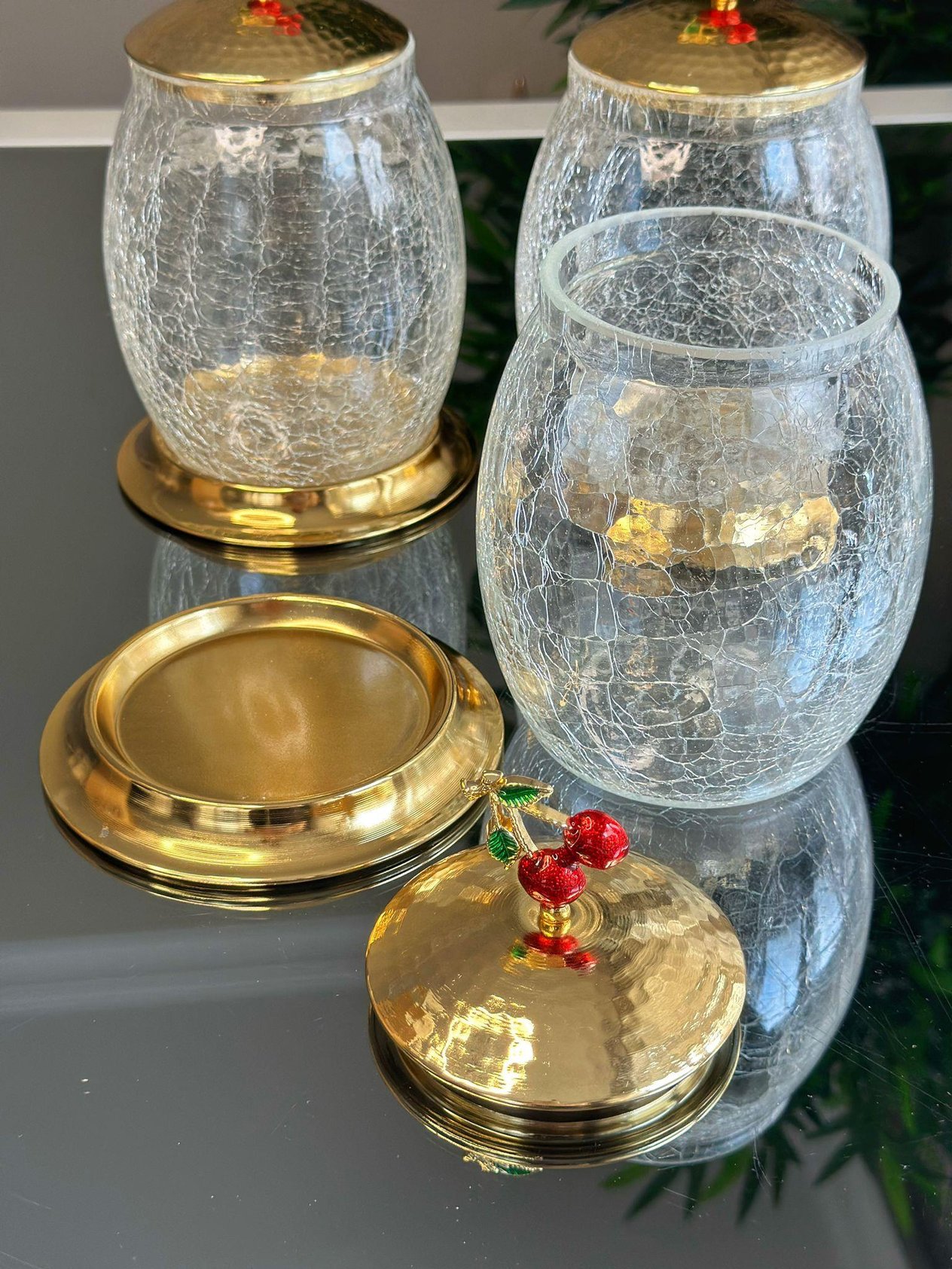 3 Lü Metal Kiraz Detaylı Gold Kavanoz Set 