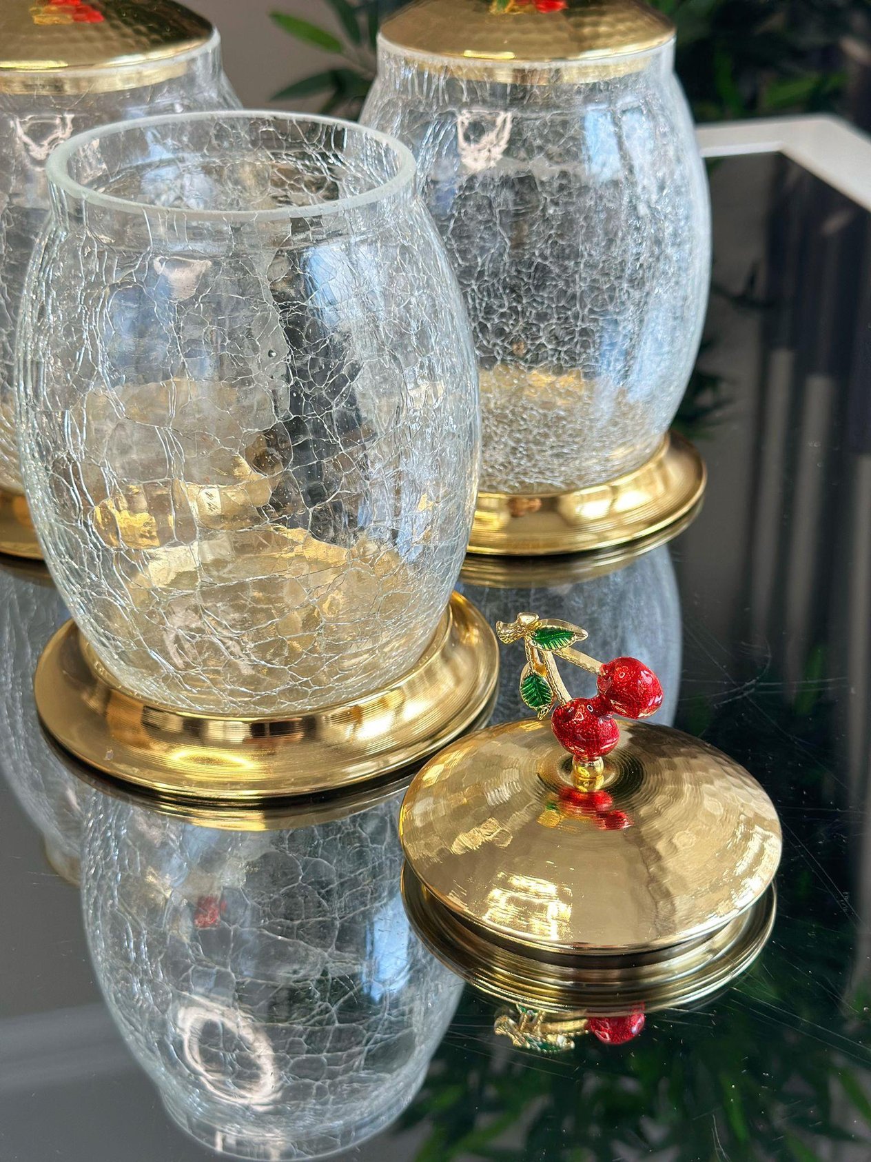 3 Lü Metal Kiraz Detaylı Gold Kavanoz Set 