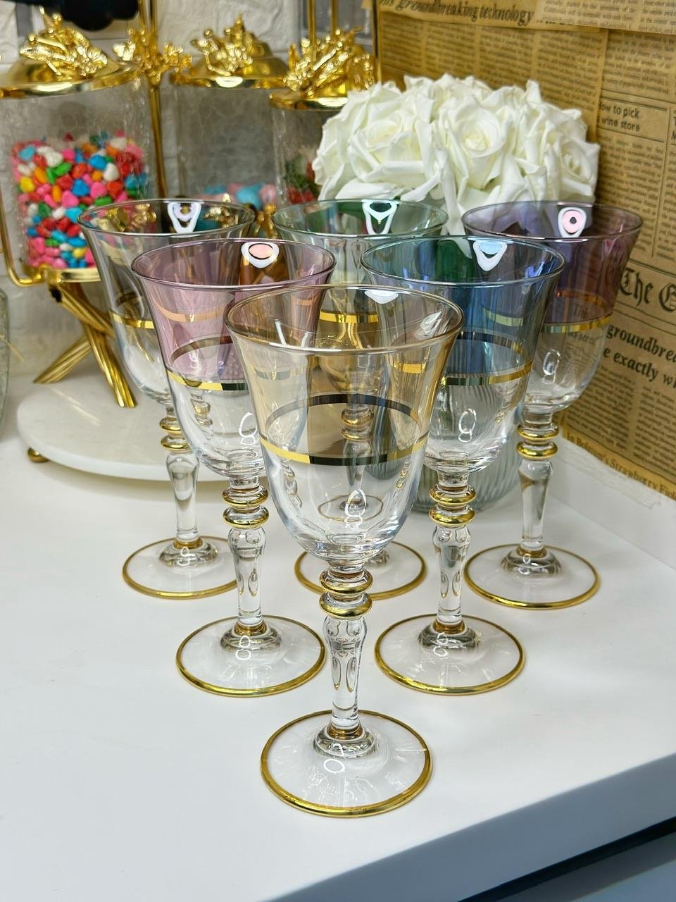 6 Kişilik Renkli Gold Detaylı Cup / Kadeh