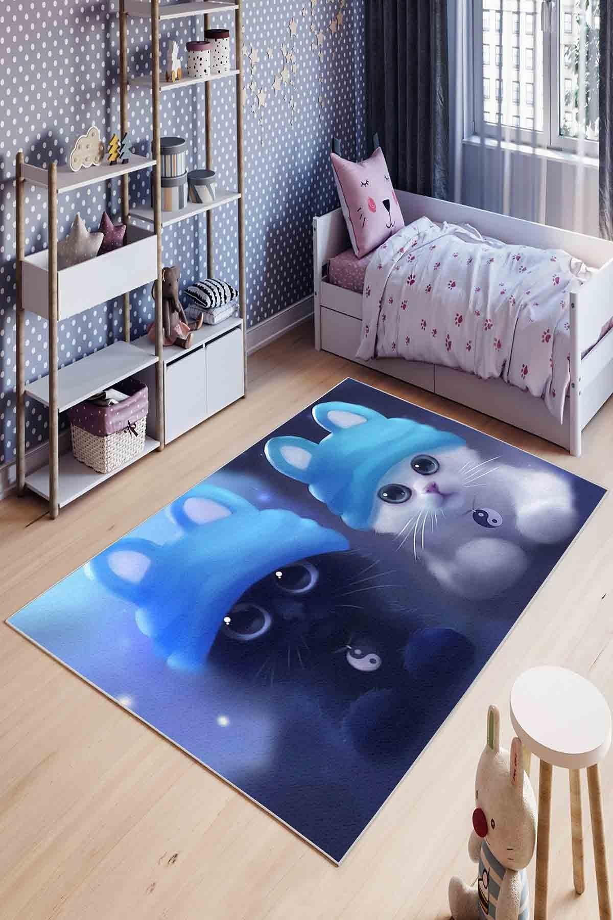 Dekoratif Kaymaz Taban  3D Kedi Desenli Çocuk Halısı Özel Tasarım, İnce, Yıkanabilir Halı 