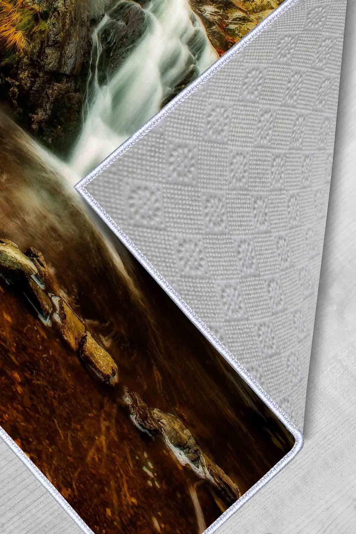 Dekoratif Kaymaz Taban 3D Şelale Manzarası Desenli Özel Tasarım, İnce, Yıkanabilir Halı Kahverengi WOOKECE624