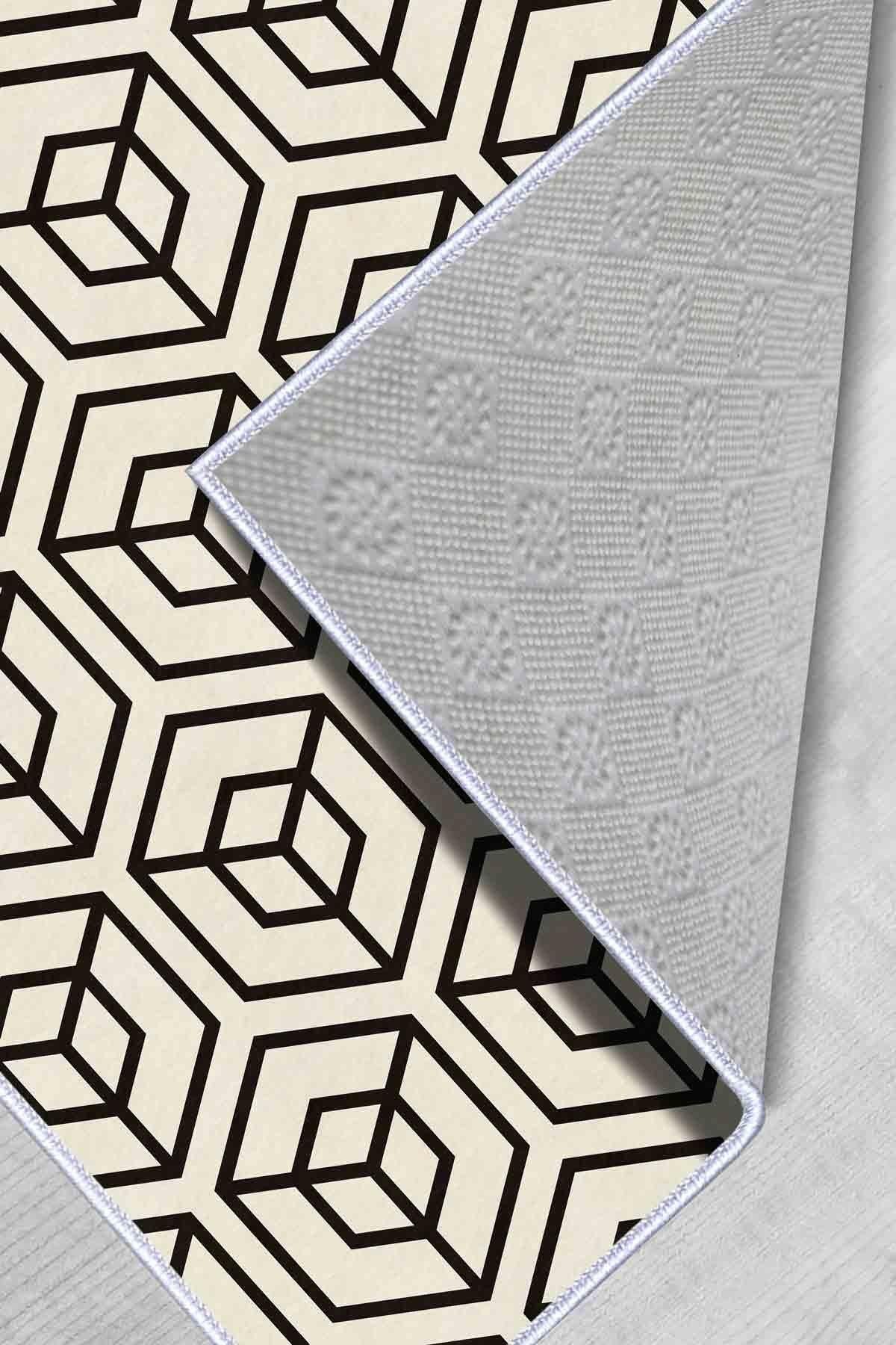 Dekoratif Kaymaz Taban Geometrik Desenli Özel Tasarım, İnce, Yıkanabilir Halı WOOKECE365 - Krem