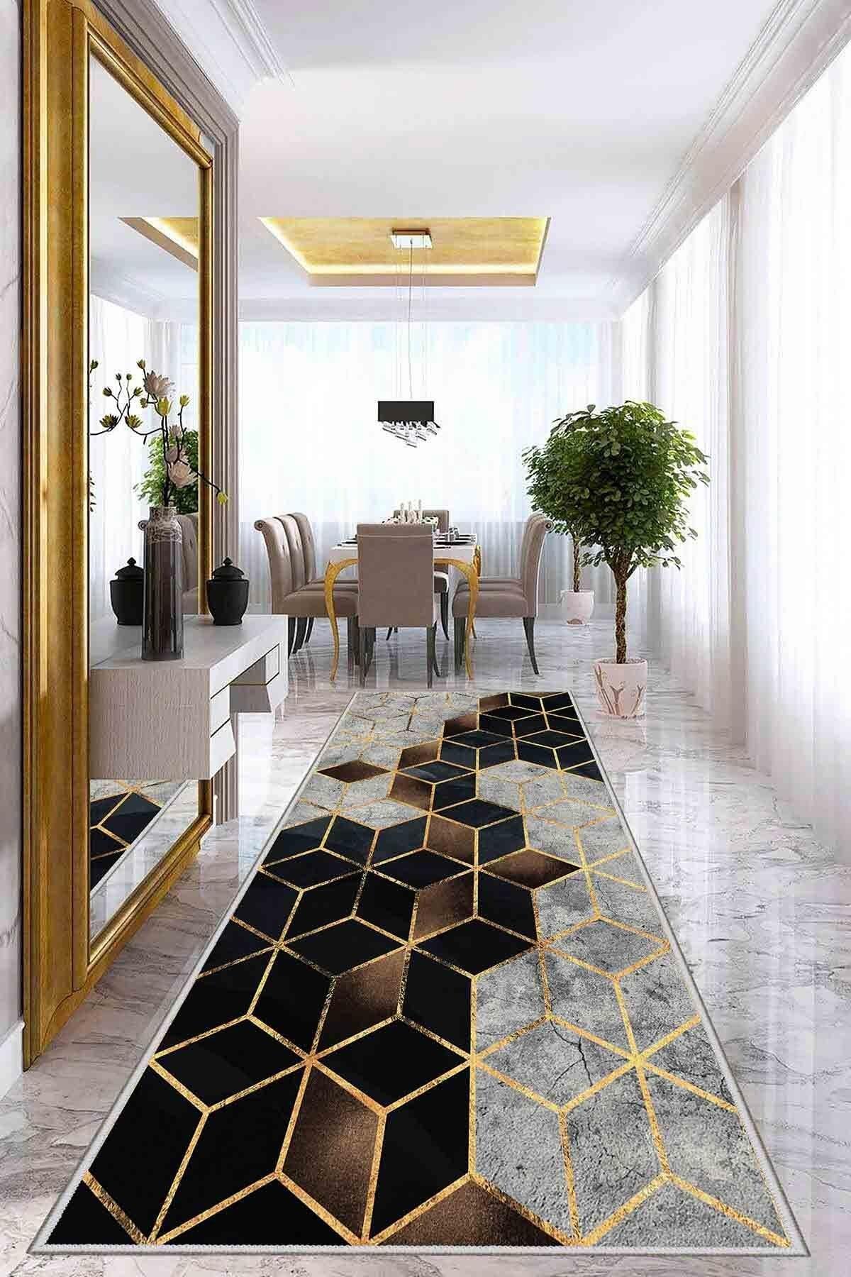 Dekoratif Kaymaz Taban Geometrik Desenli Özel Tasarım, Yumuşak Yüzeyli Kesme Yolluk Koridor Halısı WOOYLK0092 - Gri