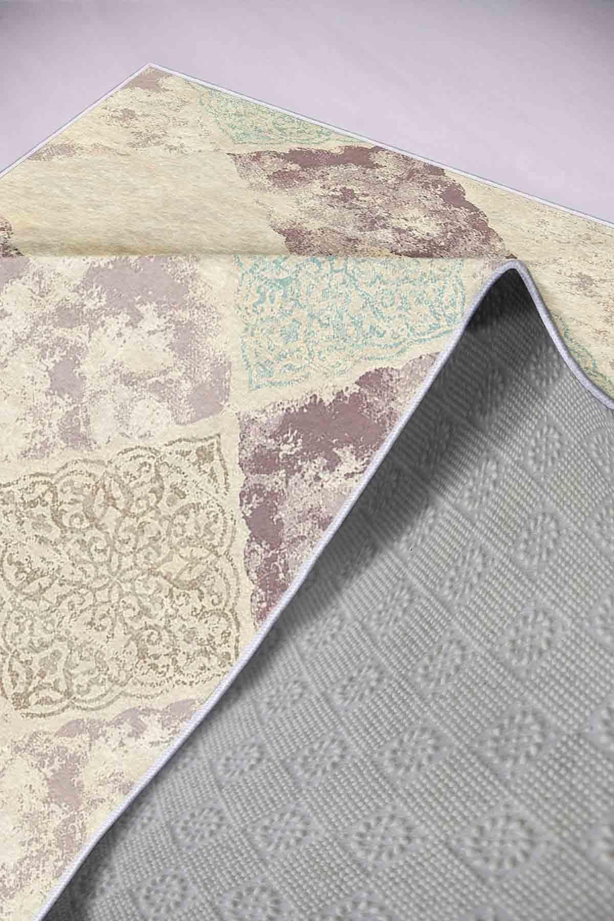 Dekoratif Kaymaz Taban, Soft Renkli Geometrik Desenli Kırık Bej, Özel Tasarım, İnce, Yıkanabilir, Modern Trend Oda Halısı WOOKECE732