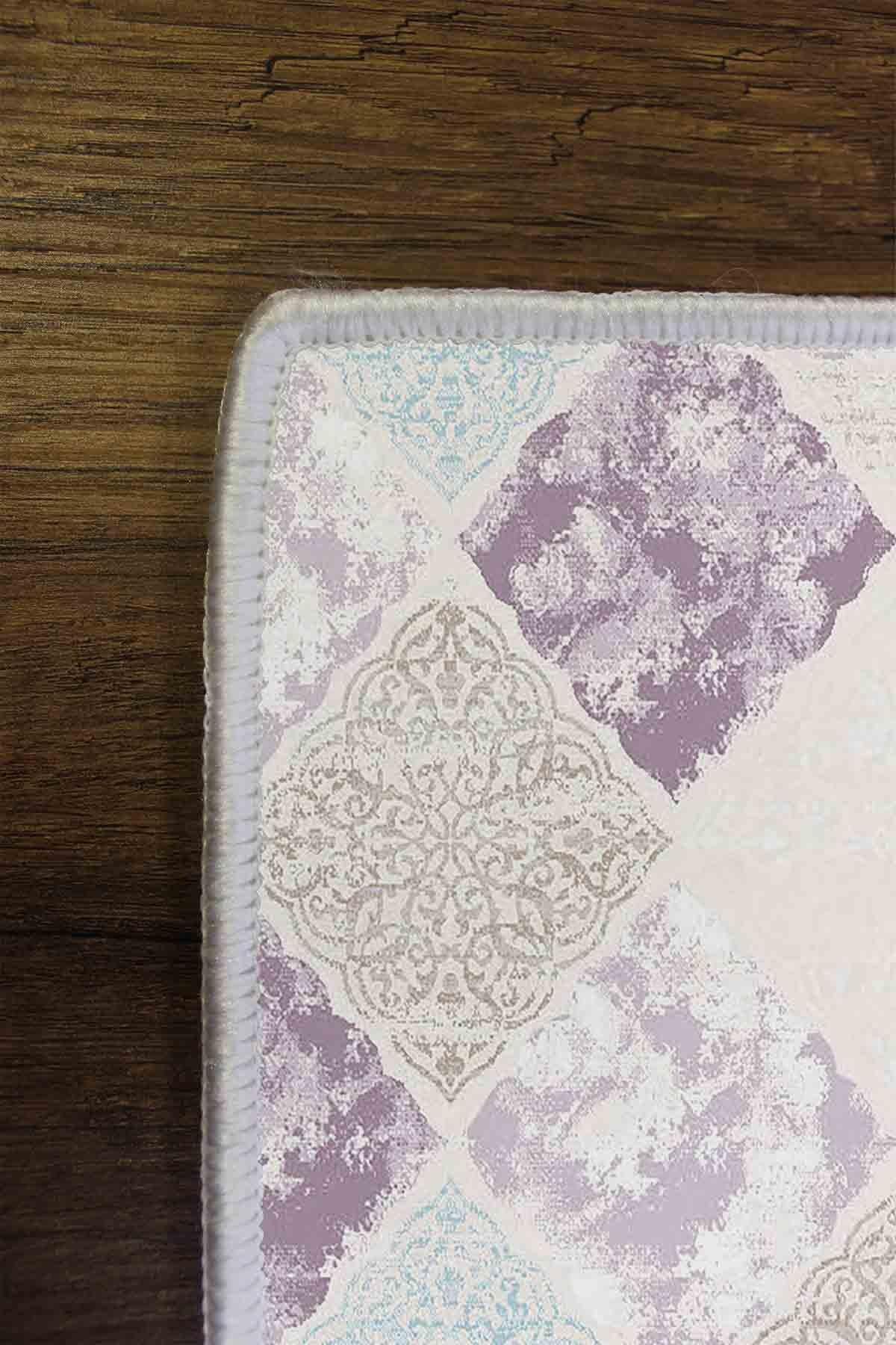 Dekoratif Kaymaz Taban, Soft Renkli Geometrik Desenli Kırık Bej, Özel Tasarım, İnce, Yıkanabilir, Modern Trend Oda Halısı WOOKECE732