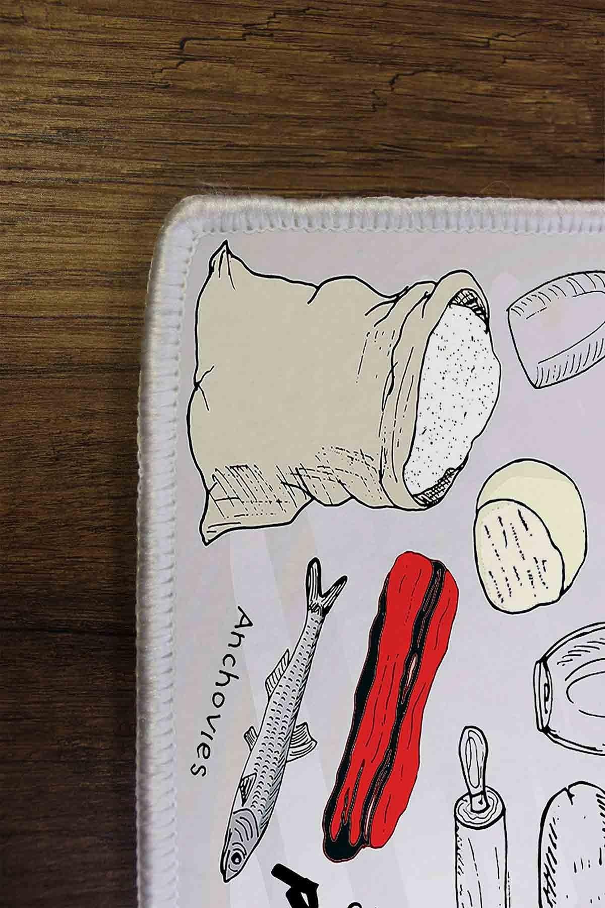 Dekoratif Kaymaz Taban Yemek Desenli Özel Tasarım, İnce, Yıkanabilir Mutfak Halısı WOOKECE234 - Beyaz