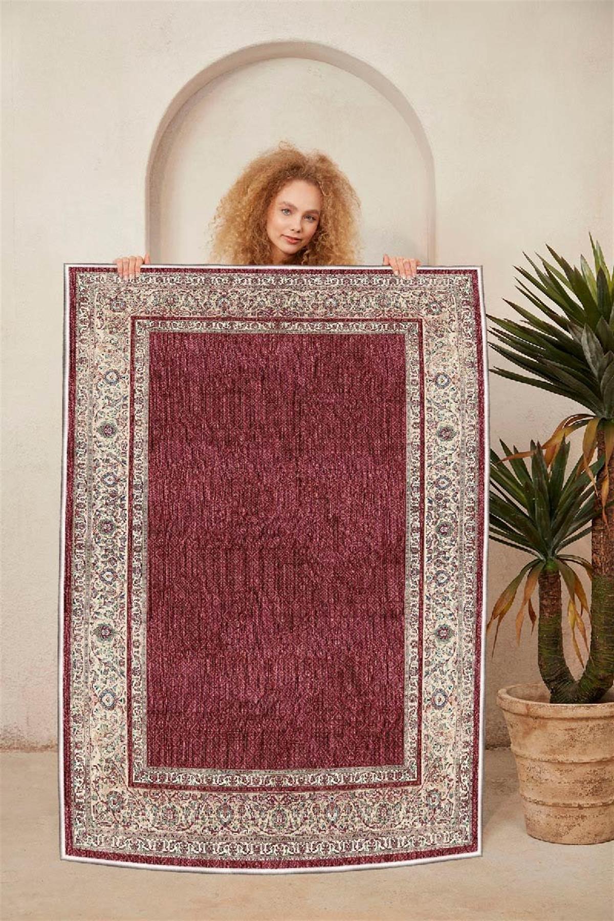 Dekoratif Özel Tasarım %100 Pamuk Taban Dokuma Taban Klasik Desenli Makine Dokuması Yüksek Kalite Yıkanabilir Halı, Kilim WOOSONIL128 - Bordo