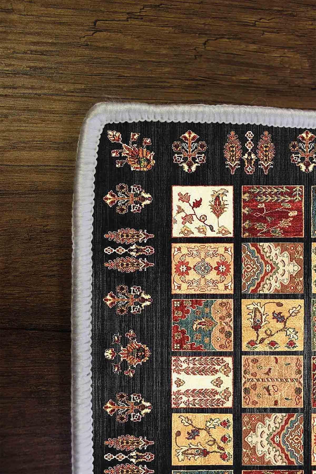 Dekoratif Özel Tasarım Modern Etnik Desenli Yıkanabilir Kaymaz Taban Halı HMNT360 - Siyah