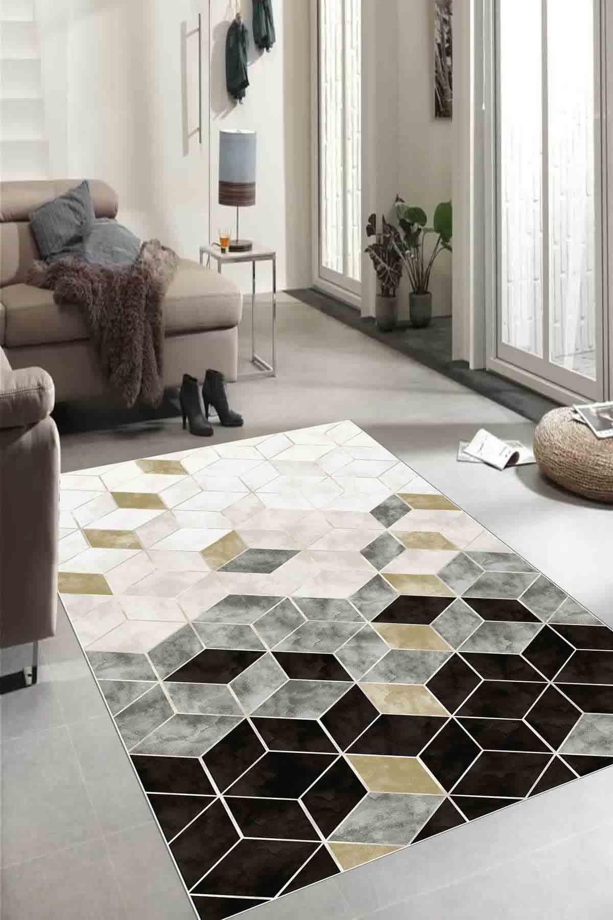 Dekoratif Özel Tasarım Modern Geometrik Desenli Yıkanabilir Kaymaz Taban Halı EXFAB217 - Kahverengi