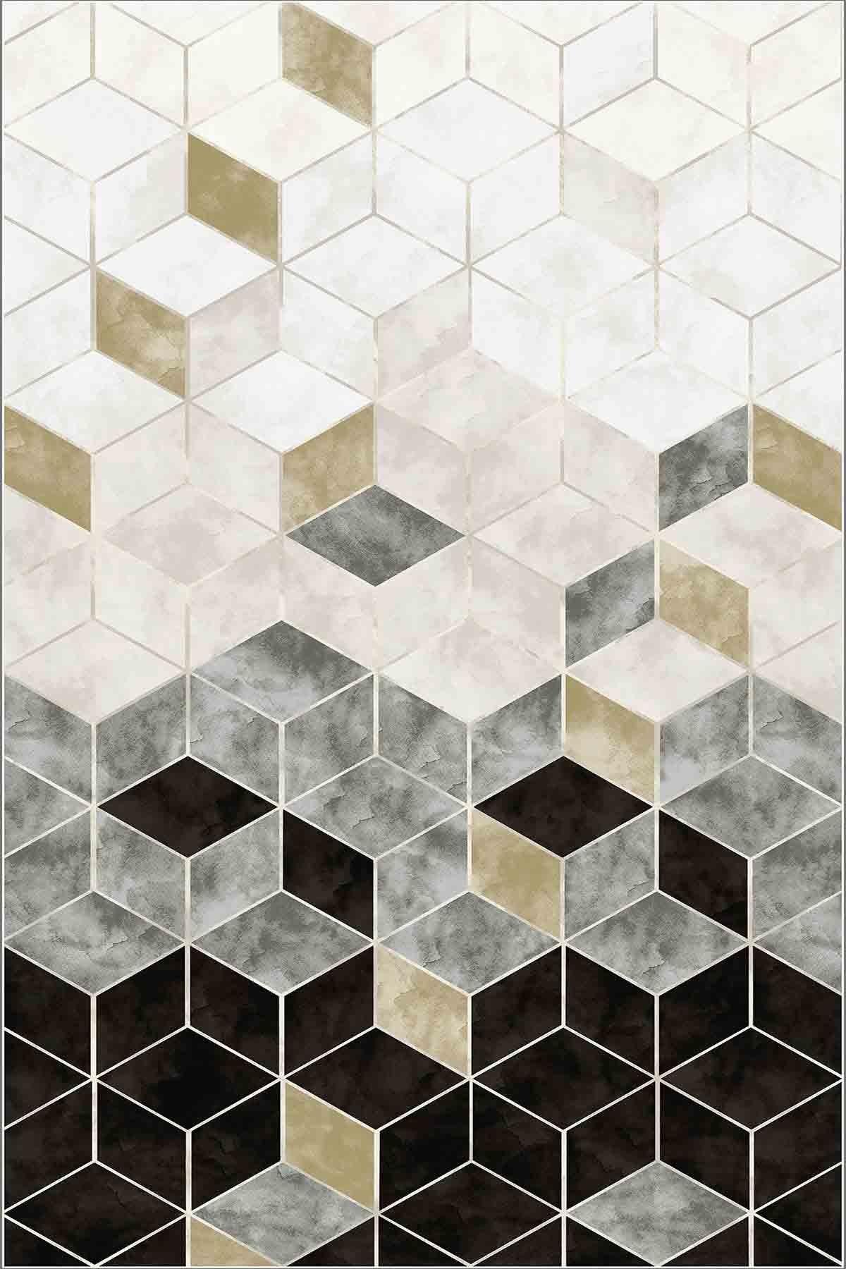 Dekoratif Özel Tasarım Modern Geometrik Desenli Yıkanabilir Kaymaz Taban Halı EXFAB217 - Kahverengi