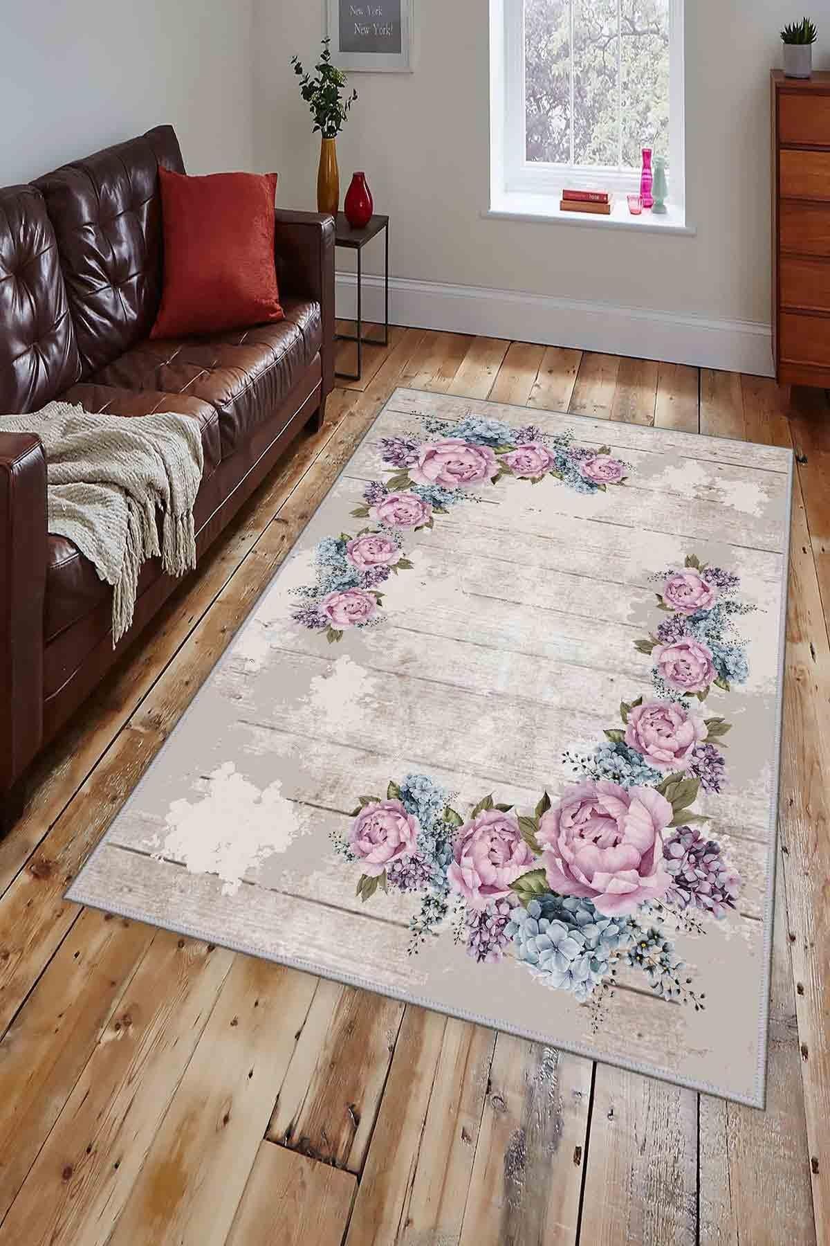 Dekoratif Özel Tasarım Modern Vintage Çiçekli Ahşap Desenli Kaymaz Taban Yıkanabilir Halı EEXFAB586 - Krem