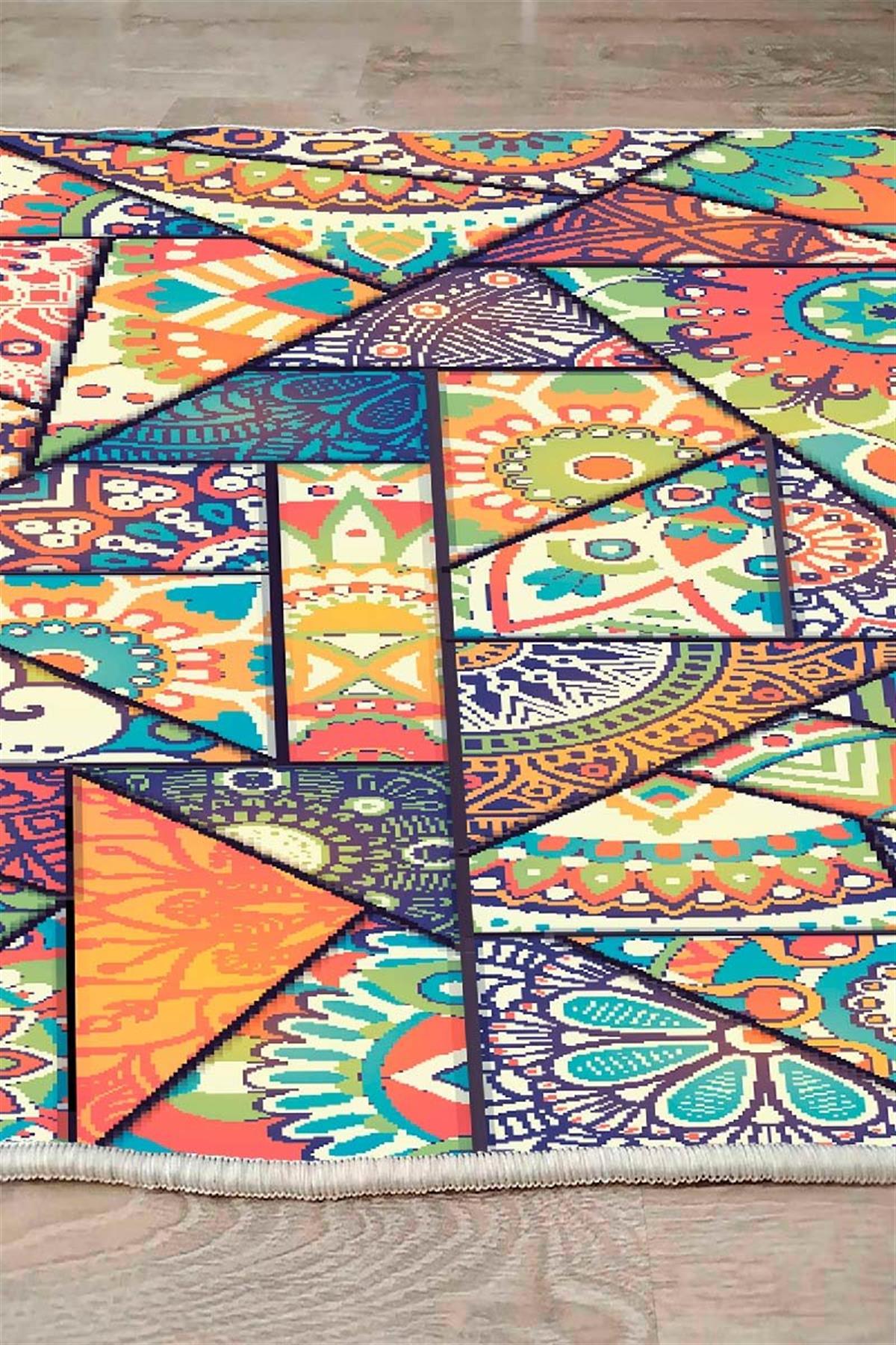 Dekoratif Özel Tasarım Pamuk Taban Kaliteli Modern Geometrik Desenli Yıkanabilir Kilim Halı EXFAB72-KLM  - Renkli