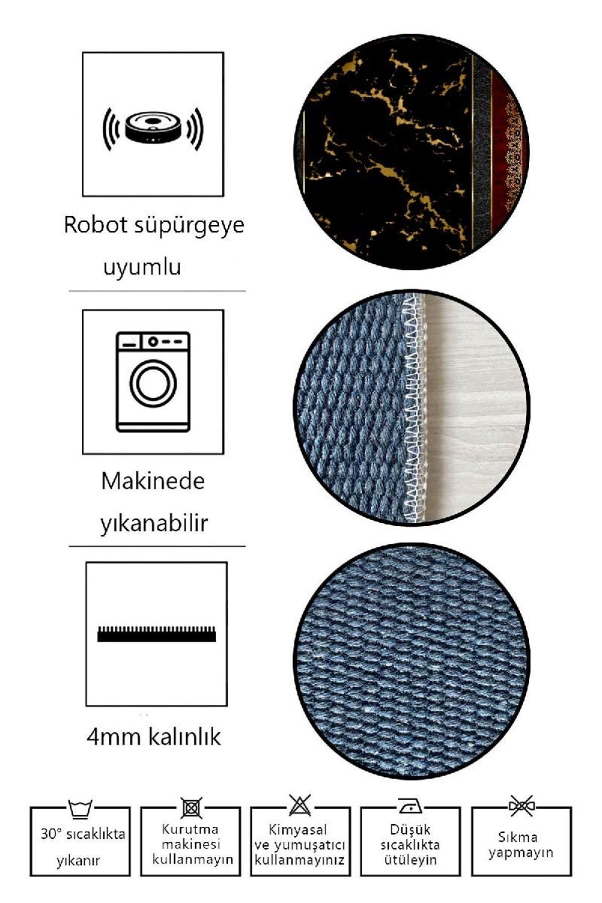 Dekoratif Özel Tasarım Pamuklu Dokuma Bordürlü Mermer Desenli Yıkanabilir Taban Halı ELS2427 - Bordo