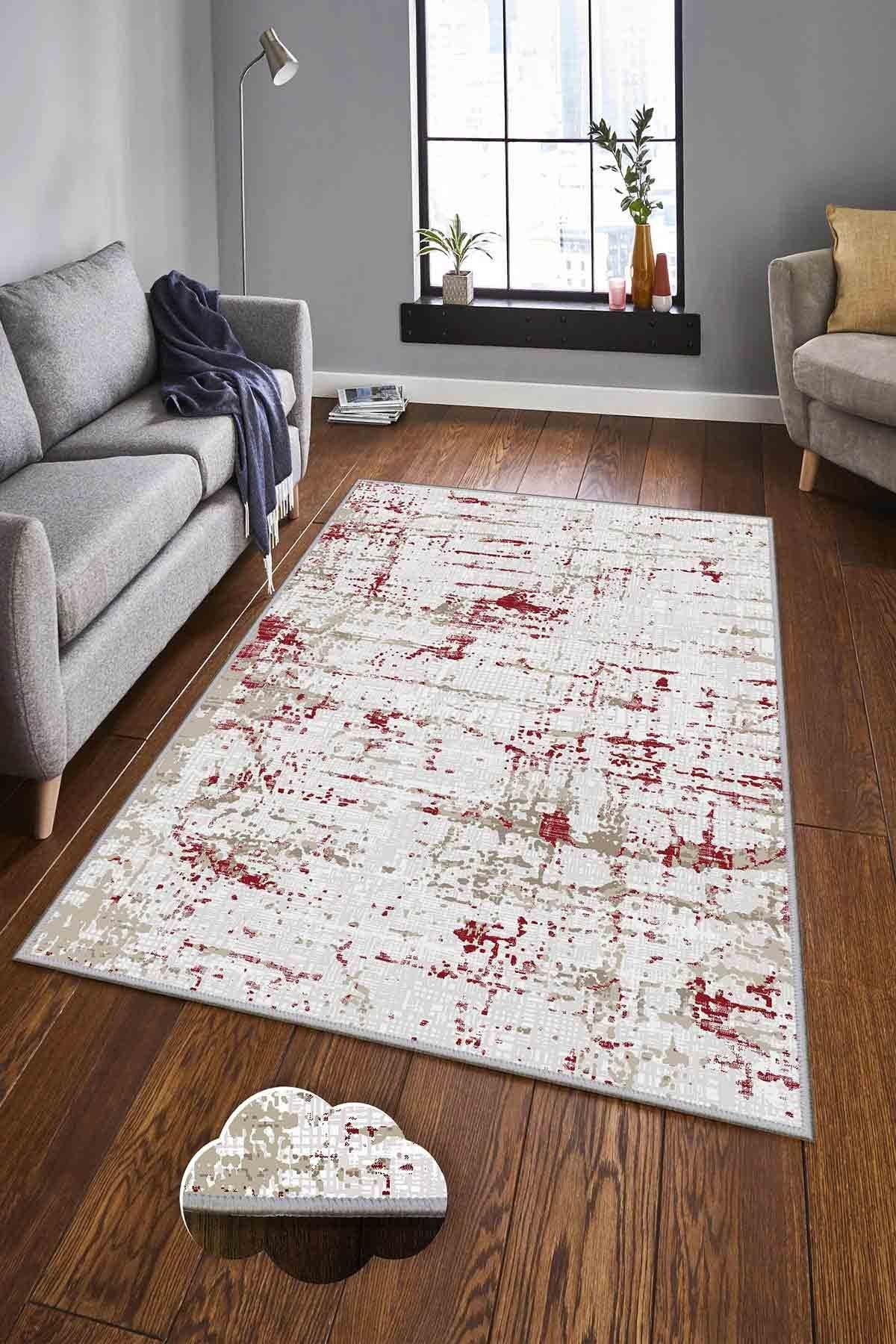 Dekoratif Özel Tasarım Vintage Desenli Kaymaz Taban Yıkanabilir Soft Halı EEXFAB1167 - Beyaz