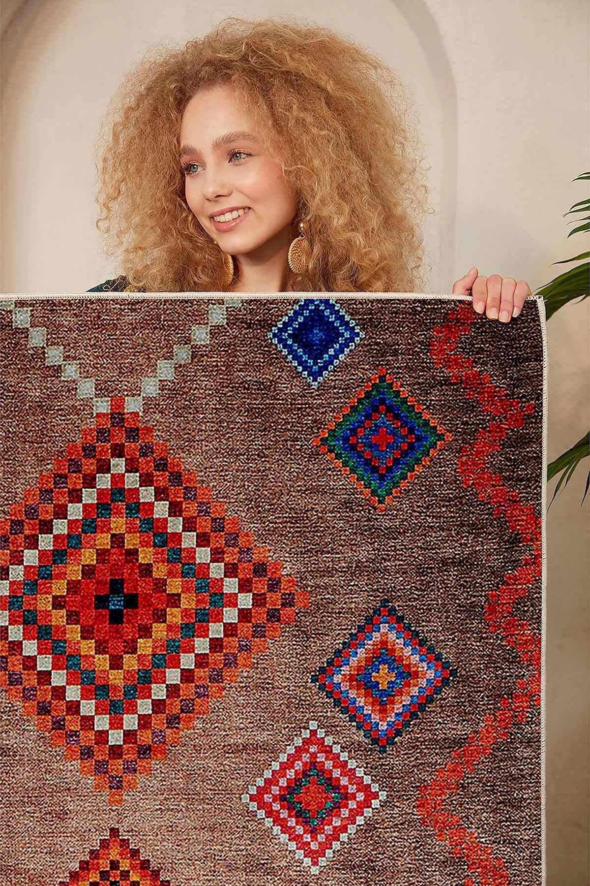 Dekoratif Pamuklu Etnik Desenli Dokuma halı ,Modern , İnce ,Yıkanabilir Leke Tutmaz Trend Dokuma Taban Oda Halısı
